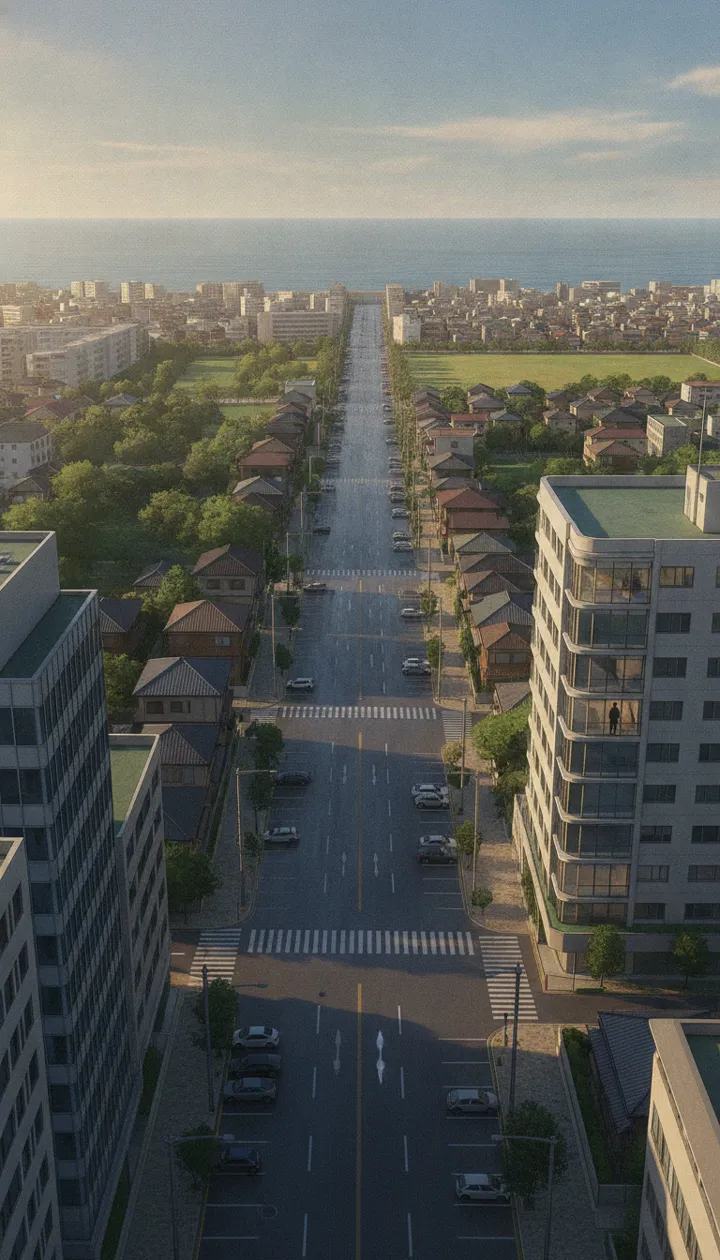 An empty city avenue running down to the sea, cars parked and still