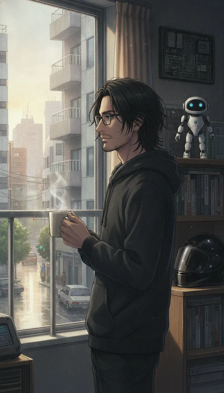 Kai at his apartment window at dawn, holding a mug, a small robot on the shelf